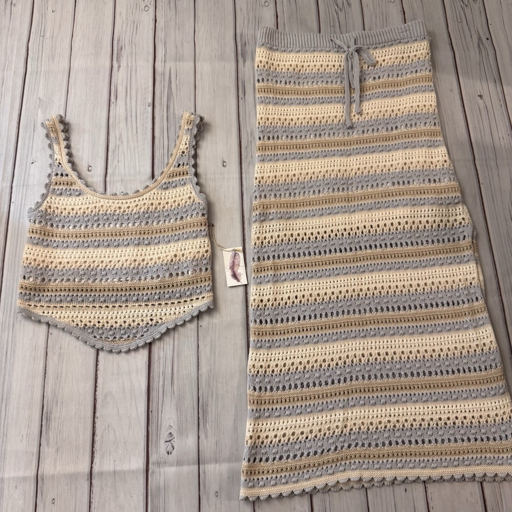 Jessica Simpson Tank Top Sweater & Maxi Skirt Crochet Blue & Ivory Large‎ NWOT